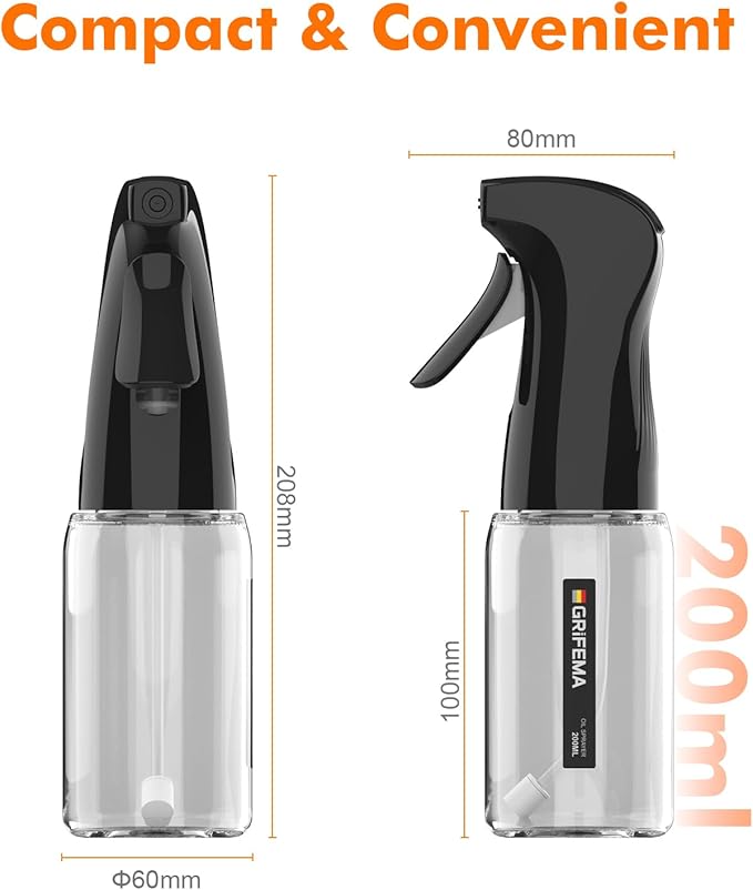 GRIFEMA Oil Spray Bottle for Cooking, 200 ml Glass Olive Oil Mister – Fine Mist Dispenser for Air Fryer, Salad, Baking, BBQ, Vinegar, Black, GE2003B