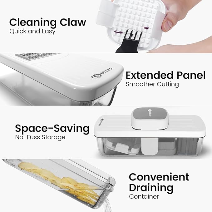 KEOUKE 6-in-1 Multi-Functional Vegetable Mandoline Slicer with Container White - Vegetable Slicer with Hand Guard for Kitchen Easy Food Prep, Onion Potato Veggie Fruit