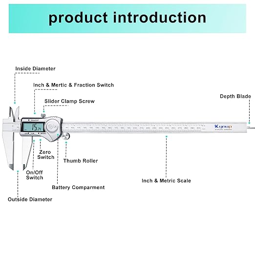Kynup Digital Caliper, 12 Inch Caliper Measuring Tool with Stainless Steel, IP54 Splash Proof Protection Design, Large LCD Screen, Easy Switch from Inch Metric Fraction (300mm)