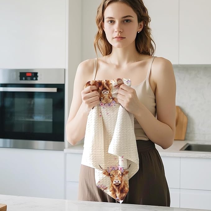 3 Pcs Cow Kitchen Towels, Colorful Flower Soft Absorbent Hand Tea Towel, Microfiber Dish Cloths for Drying Dishes, Waffle Dish Towels for Kitchen Farmhouse Decor, Cow Gifts for Women Mom