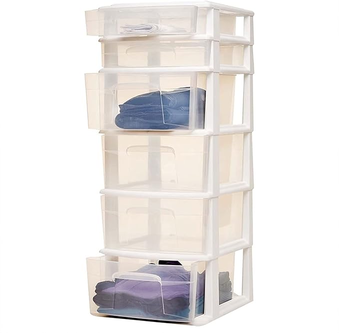 HOMZ Drawer Tower, 6-Tier Clear Plastic Storage Organizer Cart, White Frame - Heavy-Duty Organizing Drawers for Home, Bedroom, and Closet Organization