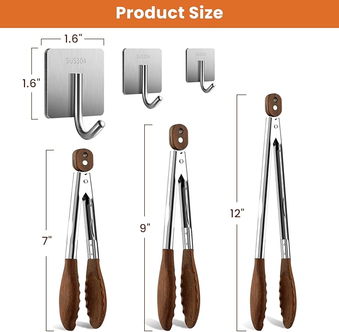 Cooking Set of 6 (3 Natural Walnut Wooden Kitchen Tongs 7",9",12",Self-Adhesive 304 Stainless Steel Hook)【Xhiver】- For Grilling, Serving, BBQ, Salad Tossing | Ergonomic Grip, Heat Resistant, Pull Lock
