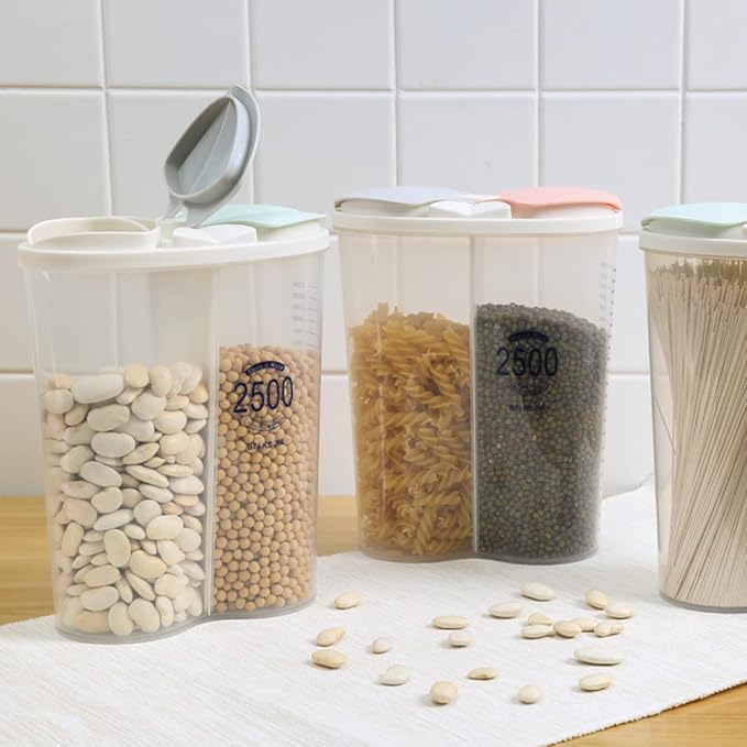 Airtight Kitchen Food Storage Container, Leak-Proof BPA Free Plastic Plastic Dry Cereal Dispensers Containers with Durable Lids for Flour, Sugar, Rice (2500ml-2 Grid)