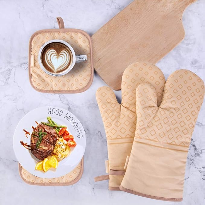 Set of 4 Oven Mitts and Pot Holders, 482 F Heat Resistant Hot Plate Moving Non-Slip Gloves for BBQ, Grill, Baking, Cooking, Oven, Microwave (Beige)