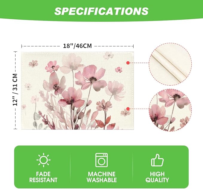 Artoid Mode Pink Florals Poppy Spring Placemats Set of 4, 12x18 Inch Seasonal Summer Holiday Table Mats for Party Kitchen Dining Decoration