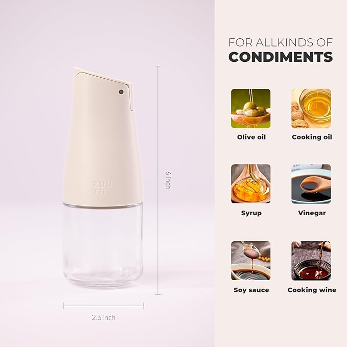 Zuutii Olive Oil and Vinegar Dispenser Bottle Set,5.8Oz Glass Oil Dispenser Set for Kitchen,Soy Sauce Dispenser Bottle with Drip Free Spout,Auto Flip and Dishwasher Safe,Light Cream