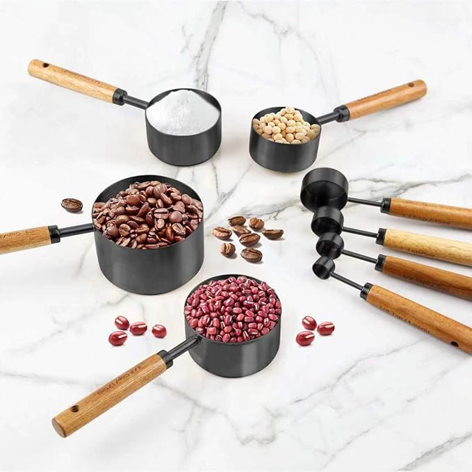 Black Measuring Cups and Spoons Set,8 Piece Stainless Steel Measuring Cup with Wood Handles for Cooking and Baking in the Kitchen