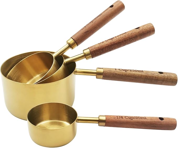Gold Measuring Cups and Spoons Set with Fragrant Wood Handle, Measuring Cups, Metal Measuring Spoons and Measuring Cup Set for Cooking & Baking, Set of 8 pcs