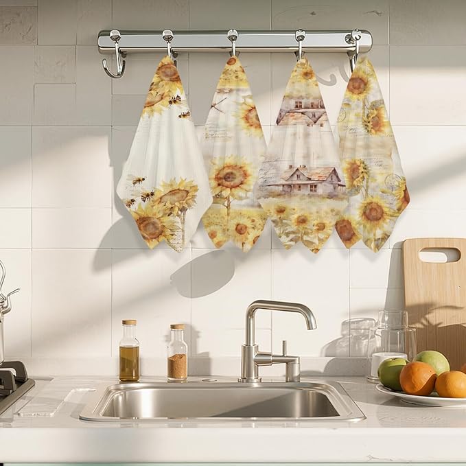 4 Pcs Vintage Sunflower Kitchen Towels, Watercolor Decorative Absorbent Microfiber Dish Cloth Tea Towel, Rustic Waffle Soft Hand Towels for Farmhouse Home Bathroom, Sunflower Gifts