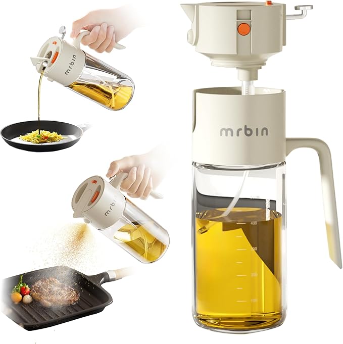 MRBIN 2 in 1 Olive Oil Dispenser Spray and Pour, 550ml / 18.5oz Food Grade Glass Avocado Mist Bottle, Vinegar refillable Dressing Container for Air Fryer, Salad, Frying, BBQ Nonstick Cooking