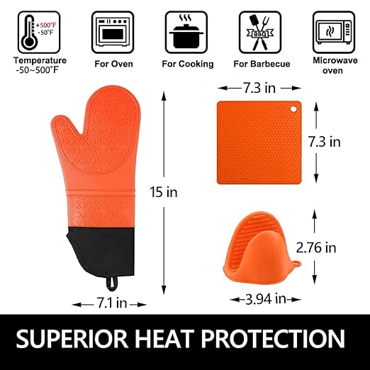 Silicone Oven Mitts and Pot Holders Set, MTZRFLL Extra Long Heat Resistant Oven Gloves with Hot Pads and Mini Oven Mittens for Grilling, Kitchen Cooking Baking, Soft Quilted Lining, Pack of 6 (Orange)