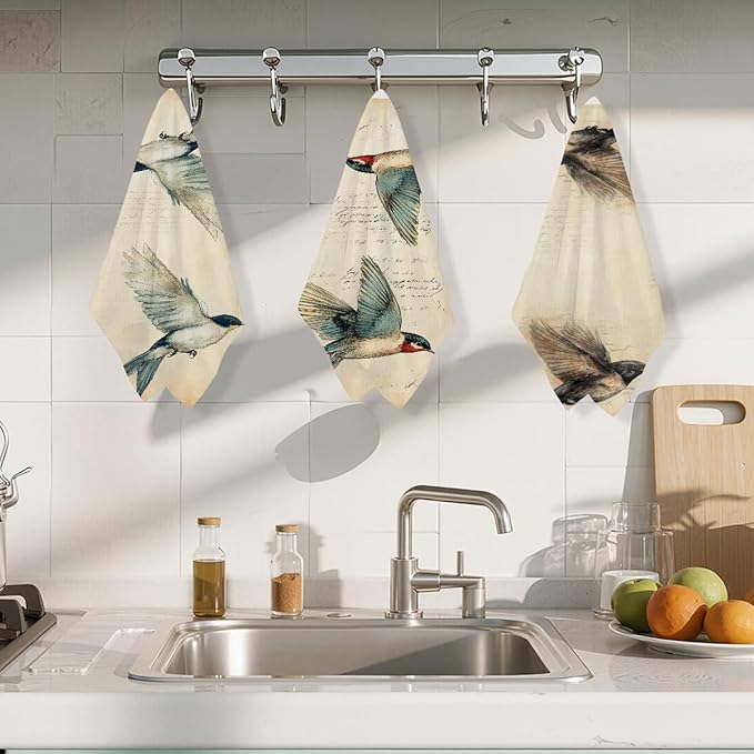 3 Pcs Vintage Bird Kitchen Towels, Artistic Decorative Absorbent Microfiber Dish Cloth Tea Towel, Watercolor Waffle Soft Hand Towels for Kitchen Home Bathroom, Housewarming Gifts