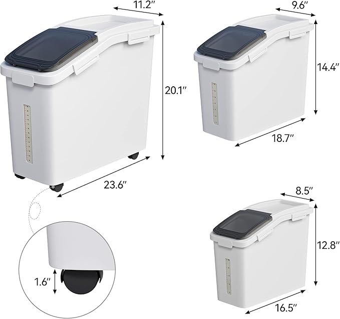 YITAHOME Ingredient Storage Bin, 20.6 Gallons(11.4+5.8+3.4 Gal) Capacity Shelf Bin,500 Cups Flour Bins with Wheels Commercial Shelf-storage Ingredient Bin with Scoop and Lid,Rice Bin for Kitchen,White