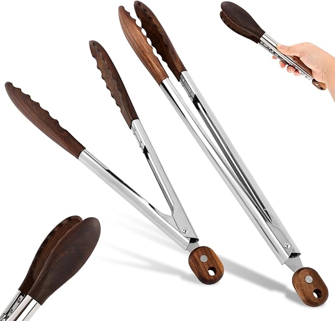 2 Pcs Wooden Tongs for Cooking & Serving Food, 12 & 15 Inch Stainless Steel Kitchen Salad Tongs with Walnut Wood Tip, Cooking Utensils Set for Salad BBQ and Serving Food
