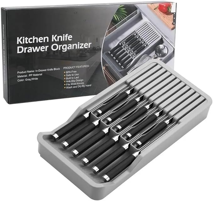 RIIPOO Expandable Knife Organizer for Drawer - Retractable and Adjustable Knife Block Holder Insert, Secure Storage Tray for Kitchen Countertop Organization