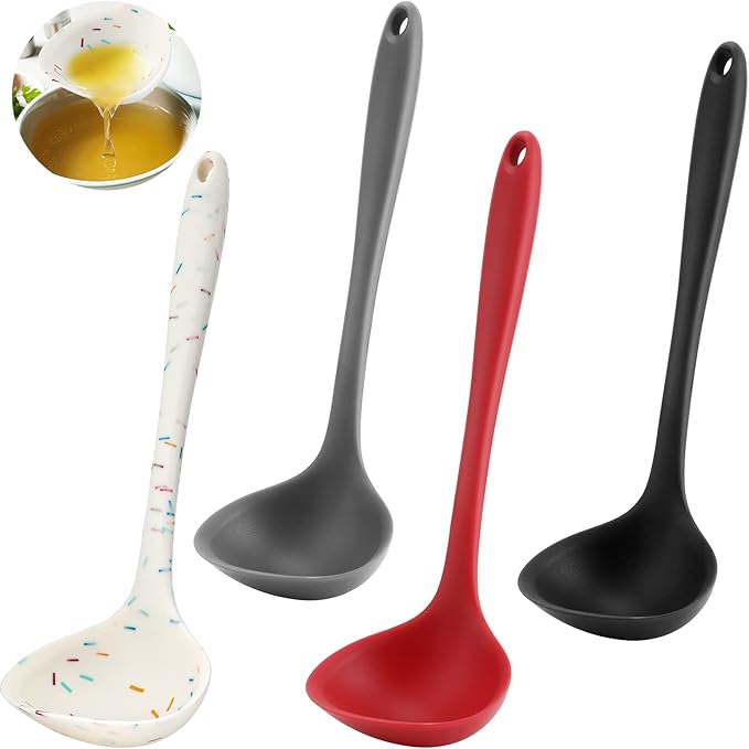 4 Pieces Silicone Ladles for Cooking - 4 Colors Middle Soup Ladle Spoon Heat Resistant Kitchen Ladle Spoons, Cooking and Serving Spoon for Soup Sauce Chili Gravy Salad Canning Pouring