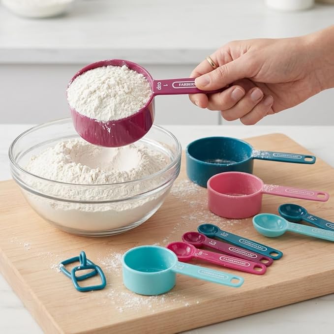 Farberware Kitchen Basics Measuring Cup & Spoon Set, 9-Piece Colorful Nesting Design with Easy-to-Read Markings - Stackable Cooking & Baking Tools with Ring Organizer, Dishwasher Safe Plastic