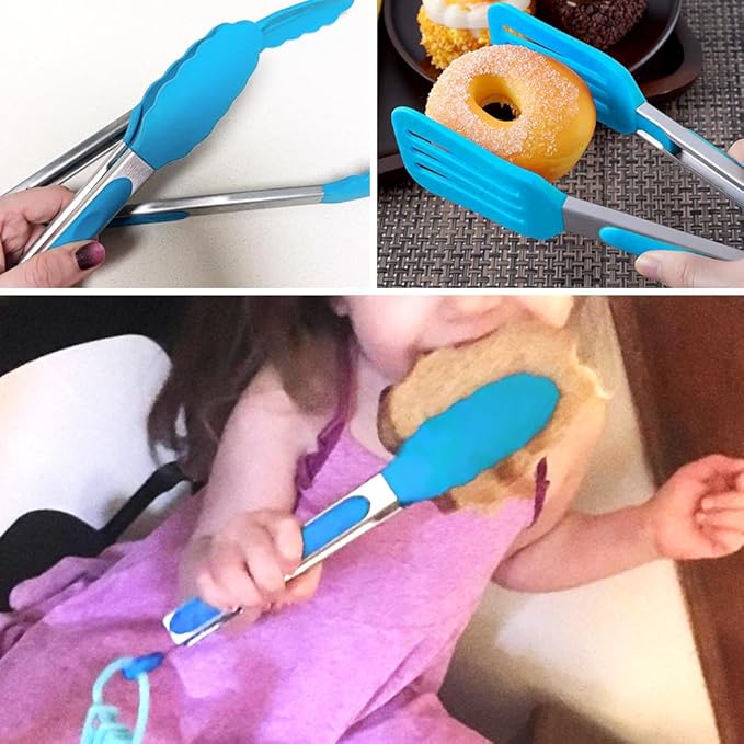Small Serving Tongs Set of 3, Mini Tongs (7 inch) with Silicone Tips and Stainless Steel Handle, Great for Steaks, Salads, Vegetables(Blue)