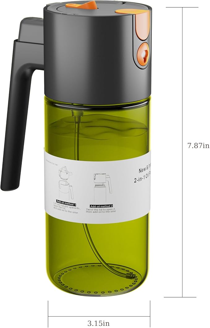 LUKUMIQI 2 in 1 Oil Sprayer for Cooking, 17oz Light-Blocking Glass Spray Bottle with Stickers, Oil Dispenser for Salad, Air Fryer & BBQ