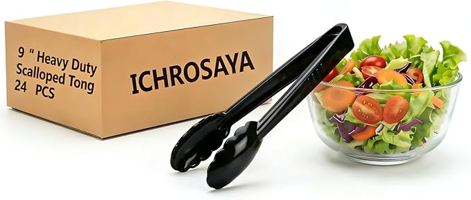 24 Pieces Disposable Serving Tongs, 9" Heavy-Duty Plastic Utensils, BPA-Free, Scalloped Grip Salad Tongs, Perfect for Buffets, BBQ, Parties & Catering, Black