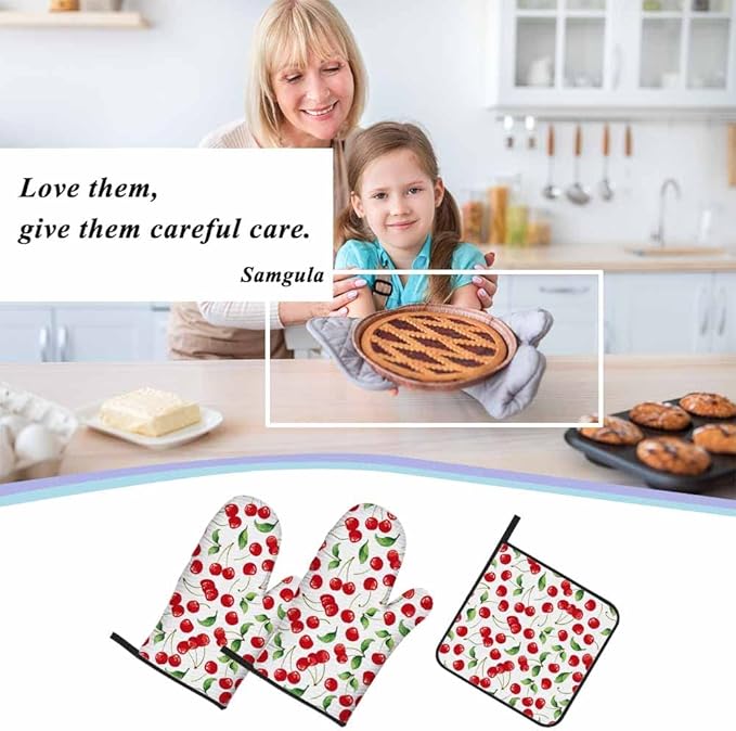 Red Cherry Oven Mitts and Pot Holders Sets Bright Cartoon Fruit Vibrant Heat Resistant 3pcs for Cooking Baking BBQ