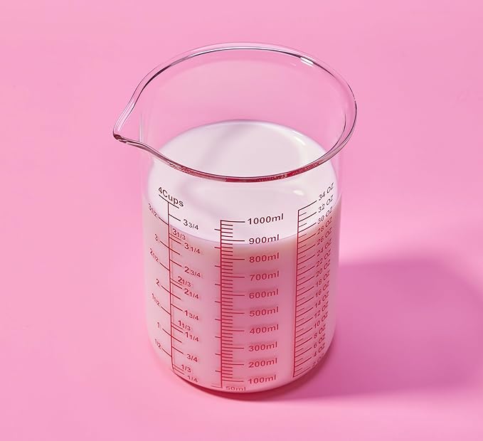 High Borosilicate Glass Measuring Cup-V-Shaped Spout,Glass Measuring Beaker for Kitchen or Restaurant, Easy to Read, 1000 ML (32 Oz, 4Cup)