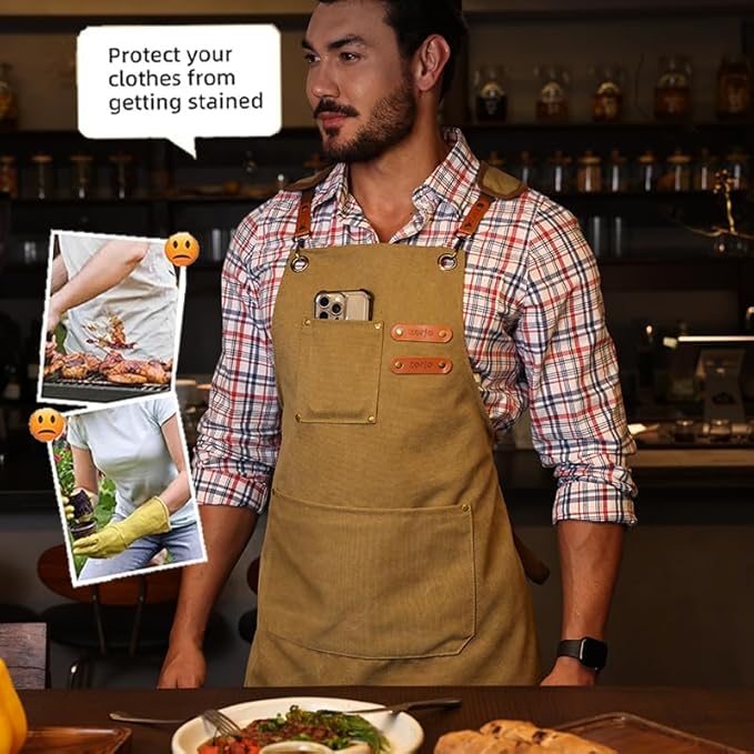Chef Apron-Cross Back Apron for Men Women with Adjustable Straps and Large Pockets,Canvas