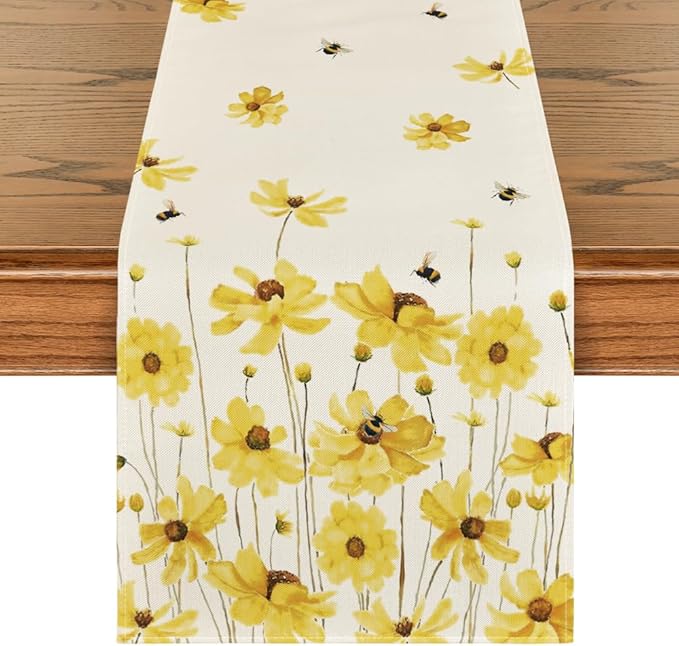Artoid Mode Yellow Flowers Daisy Bees Summer Table Runner, Seasonal Easter Fall Holiday Kitchen Dining Table Decoration for Home Party Indoor 13x72 Inch