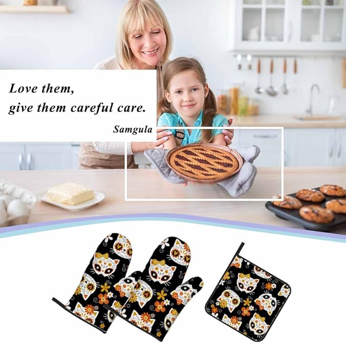 Cat Floral Skulls Oven Mitts and Pot Holders Sets Lovely Animal Head Funny Heat Resistant 3pcs for Cooking Baking BBQ