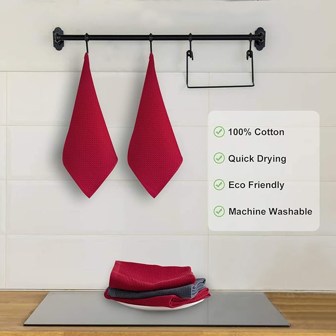joybest Cotton Kitchen Towels, 4-Pack Waffle Weave Ultra Soft Absorbent Dish Towels Quick Drying Kitchen Dish Cloths, 18 in x 28 in, Red