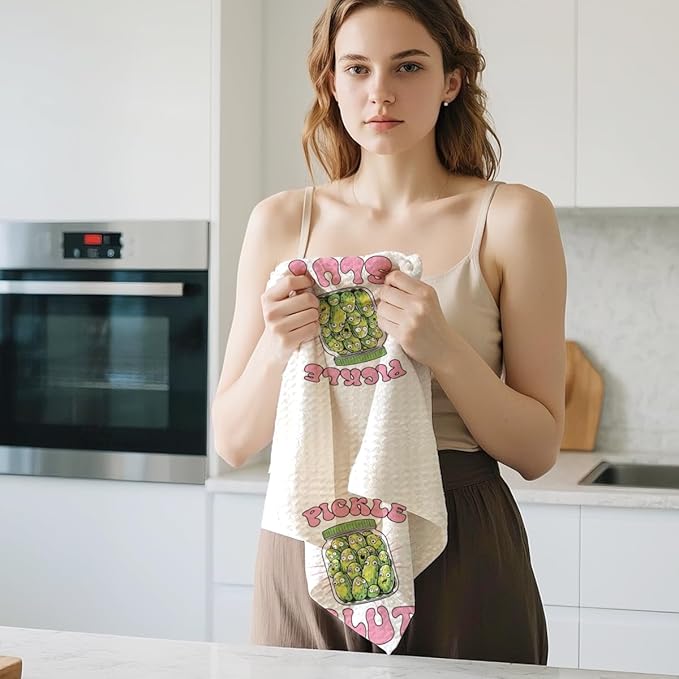 2Pcs Pickle Kitchen Towels, Pickle Lover Gifts Floral Tea Towel Decorative Reusable Dish Hand Towels Food Lover Gift for Cleaning Drying Women Housewarming Gift 14 x 24 Inch Kitchen Decor