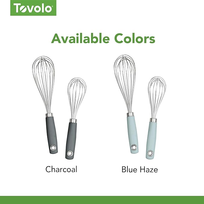 Tovolo Wire Whisk Set of 2 for Baking Cooking Mixing Whisking, 10” & 12” Inch Stainless Steel Wire Kitchen Whisk Set Balloon Design Sturdy Comfort Grip Handle BPA Free Dishwasher Safe, Blue Haze
