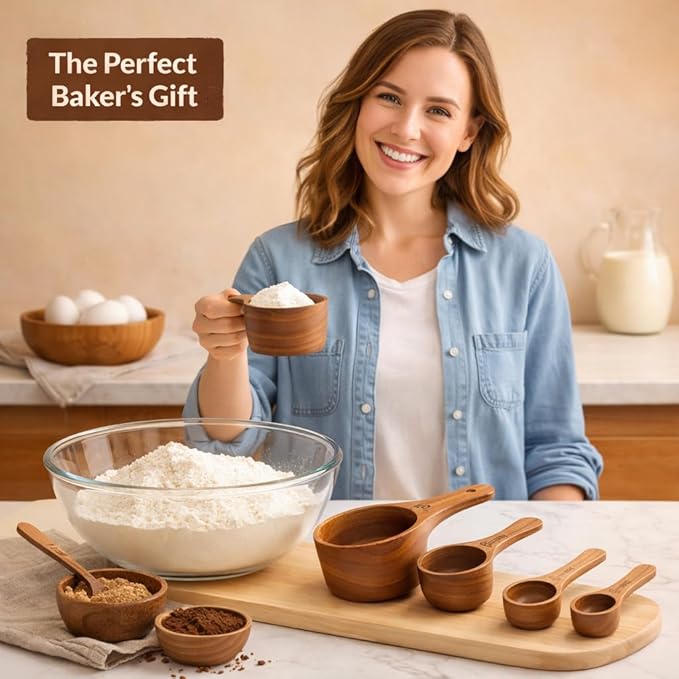 Wooden Measuring Cups and Spoons Set - Eco-Friendly Solid Acacia Wood, Laser Engraved Measurements, Perfect for Baking & Cooking - Ideal for Bakers (4-Pc Small Acacia Measuring Cups)