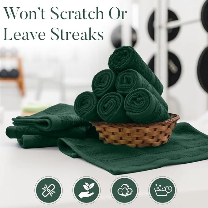 DAN RIVER 12-Pack Premium 100% Cotton Huntergreen Face Towels for Bathroom - Reusable Face Wash Cloths for Showering 12x12 Inches - 550 GSM Super Soft & Absorbent Luxury WashCloths for Body, Spa & Gym
