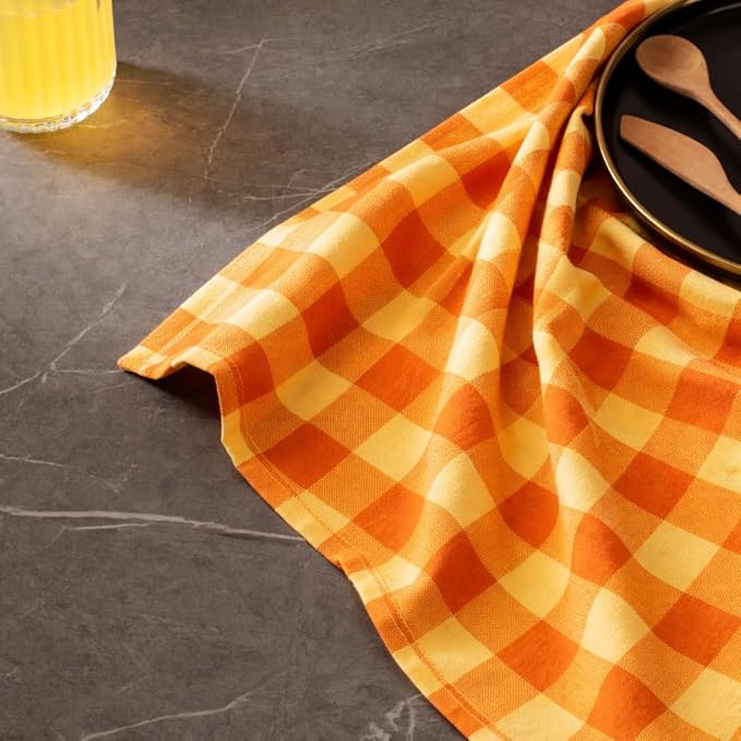 Cloth Napkins Set of 12, 100% Cotton Dinner Napkins 18x18 Inch, Soft Absorbent Gingham Check Napkin for Restaurant, Table Décor, Reusable Washable for Everyday Use - Orange/Golden Yellow