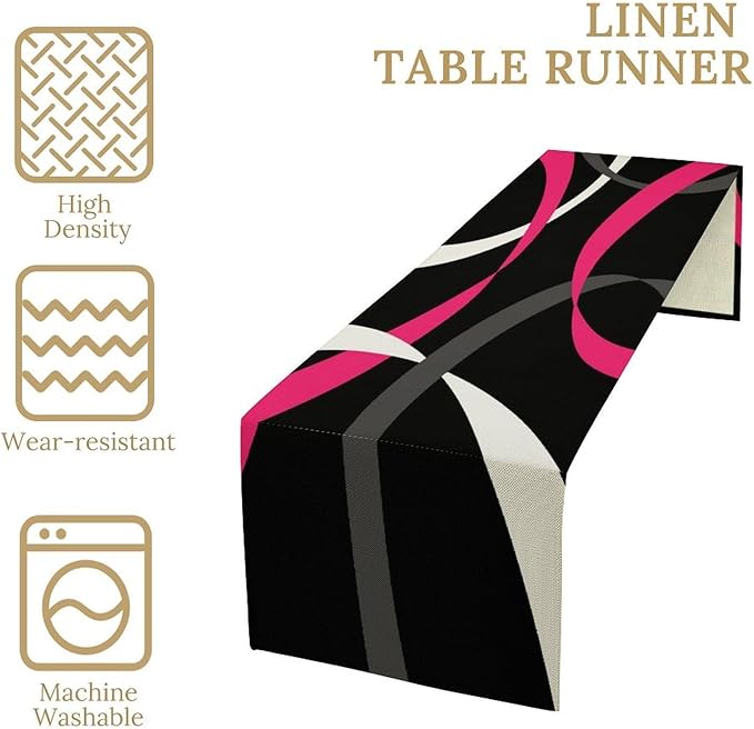 Abstract Geometric Table Runner Hot Pink Grey and White Striped Black Background Modern Kitchen Dinner Runner for Indoor Home Living Room Party Dining Table Decoration 13"x120"