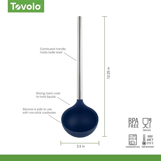 Tovolo Silicone Ladle With Stainless Steel Handle Deep Soup Ladle for Cooking Canning Serving Soup Punch Stew Sauce, Large Kitchen Utensil Spoon Dishwasher Safe BPA Free Silicone Deep Indigo