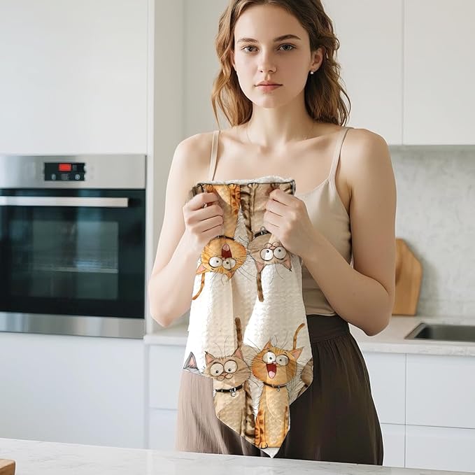 2 Pcs Cute Cat Kitchen Towels, Cats Soft Absorbent Hand Tea Towel, Microfiber Dish Cloths for Drying Dishes, Waffle Dish Towels for Kitchen Bathroom Decor, Cat Lover Gifts for Women