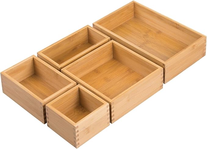 mDesign Bamboo Wood Kitchen Cabinet Drawer Organizer Tray Bins - Multipurpose - Use in Drawers, on Countertops, Shelves or in Pantry - Varied Sizes - Echo Collection - Set of 5 - Natural