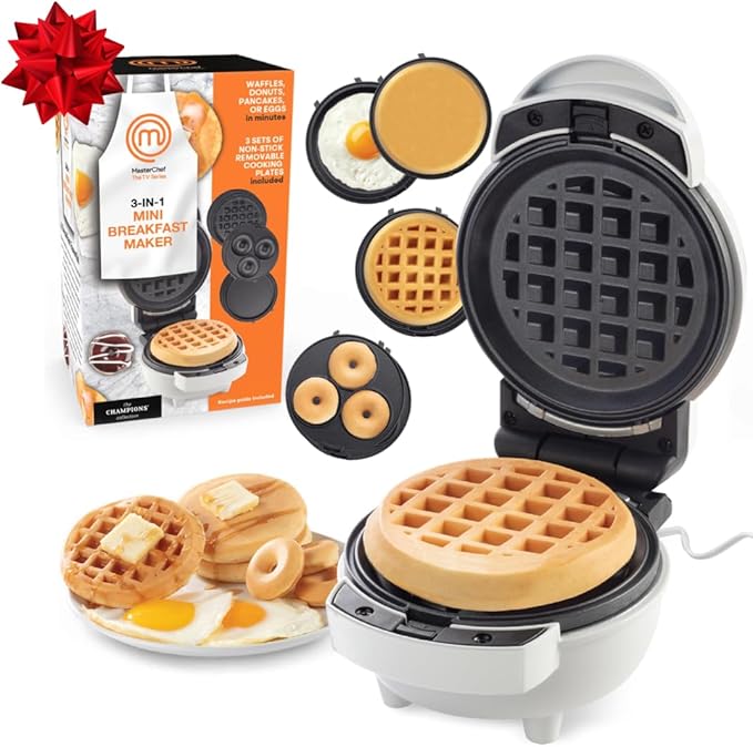 MasterChef 3-in-1 Mini Breakfast Maker- Make Eggs, Pancakes, Donuts, Waffles & More in 1 Easy to Use Appliance! 3 Removable Non-Stick Cooking Plates for Quick Cleaning & Storing- Compact Baker Cooker