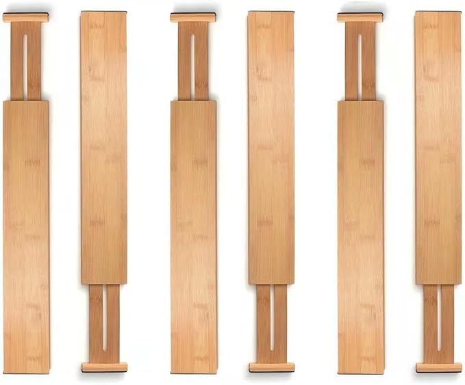 6 Pack Bamboo Drawer Dividers Adjustable – Expandable Drawer Dividers for Kitchen Drawer Organizer, Dresser Drawer Dividers, Drawer Dividers for Clothes, Wooden Drawer Organizer for Kitchen & Cabinet