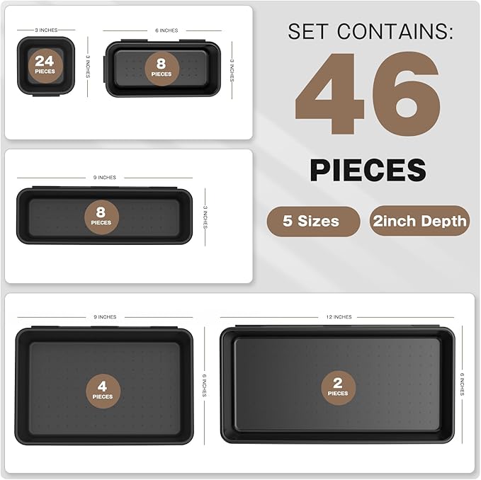 A-LUGEI【𝟰𝟲𝗣𝗖𝗦 & 5 Size】Tool Box Organizer Tray Divider Set, 【Black】 Bathroom Drawer Organizer Bin, Garage Organization and Storage Toolbox Rolling Tool Chest Cart Cabinet WorkBench Small Part