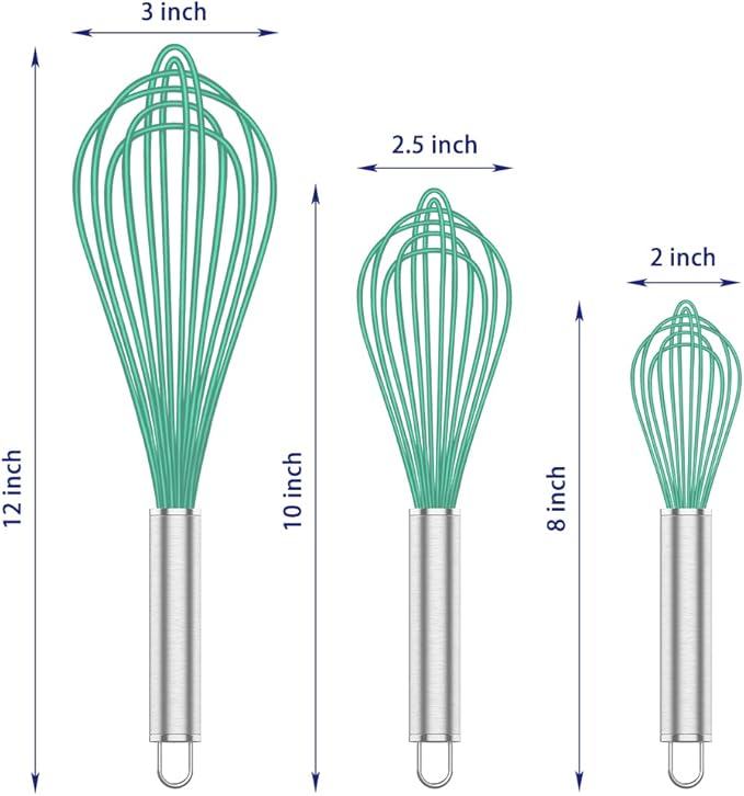 OYV Teal Silicone Whisk, Professional Silicone Whisks For Cooking Non Scratch, Stainless Steel & Silicone Wisk,Plastic Rubber Whisk Tool for Nonstick Cookware Pans, Silicon Wisks Set of 3, Aqua