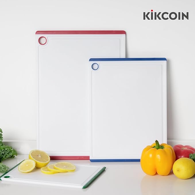 Kikcoin Plastic Cutting Boards for Kitchen, 3-Piece Large Cutting Board Set Dishwasher Safe Chopping Boards with Non-slip Feet and Juice Grooves, Multicolor