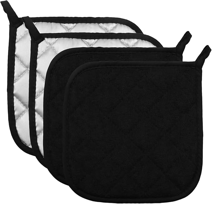 4 Pcs Quilted Pot Holder, Cotton Heat Resistant Hot Pads for Kitchen, Countertops, Oven Pot Holders (Black)