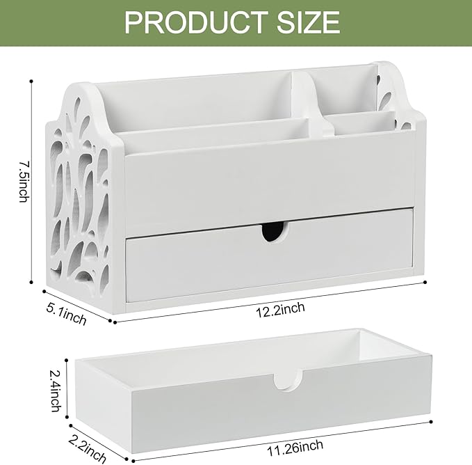 Desk Organizer with Drawer Wood File Office Mail Organizer Countertop-5 Slot Tabletop Storage Pen Organizer Letter Holder for School Home Office Supplies (White)