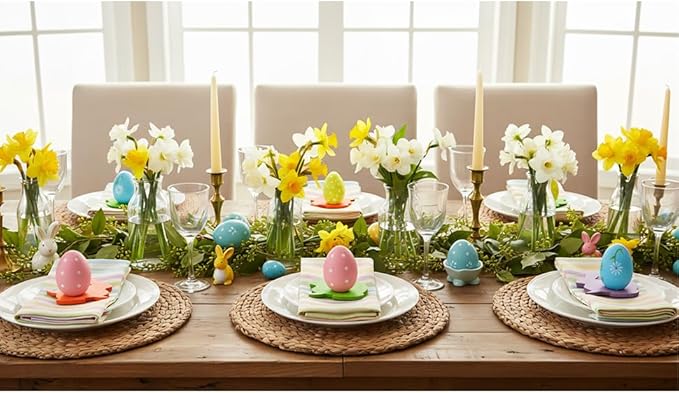 Cloth Napkins with Rings, Set of 12, 6 Stripe Napkins, 6 Wooden Napkin Rings in Buuny Shape, Easter and Spring Table Decorations,Washable Cloth Napkins,Iron Free,Easy Care, Durable,Reusable.