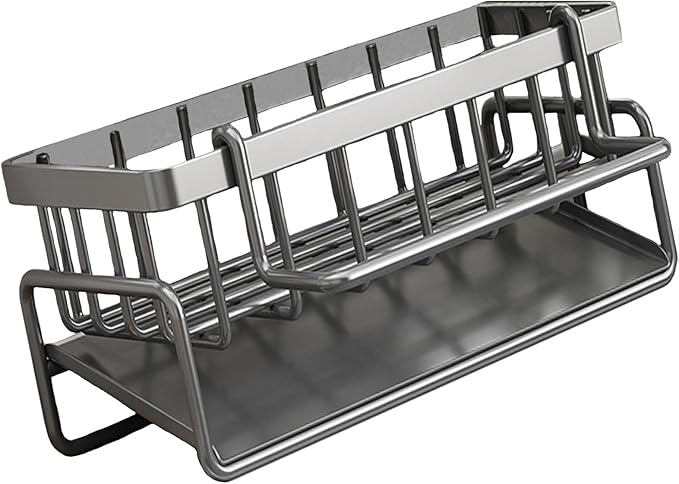 Sponge Holder for Kitchen Sink with Rag Holder, Kitchen Countertop Organizers and Storage Essentials, Rustproof Carbon Steel, Soap Dispenser Organize (Silver)
