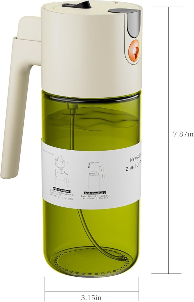 LUKUMIQI 2 in 1 Oil Sprayer for Cooking, 17oz Light-Blocking Glass Spray Bottle with Stickers, Oil Dispenser for Salad, Air Fryer & BBQ