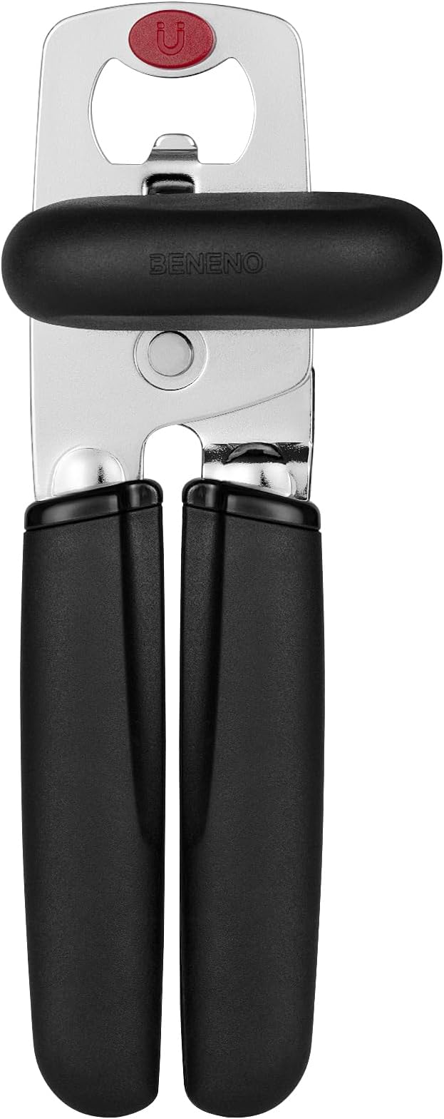 Beneno Can Opener, Heavy Duty Manual Can Opener with Magnet Lid Lifter & Bottle Opener, Hand Can Opener Manual with Ergonomic Soft Grip, Easy Turn Knob for Arthritis & Weak Hands, Easy to Use, Black